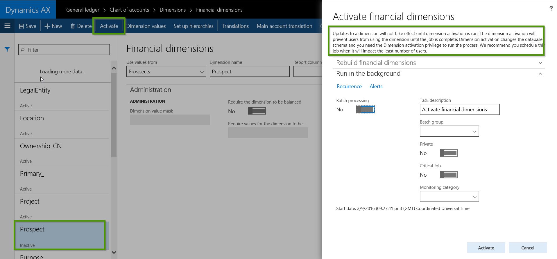 Finnancial Dimension Activation