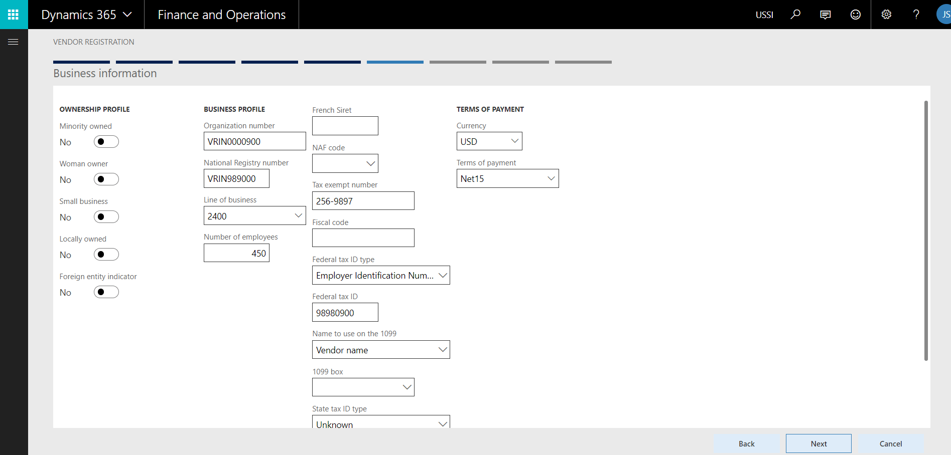 Vendor Enters business information6