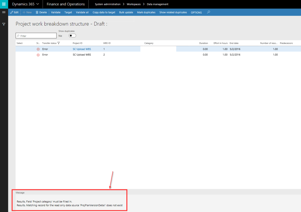 Data import related error when importing Project work breakdown ...